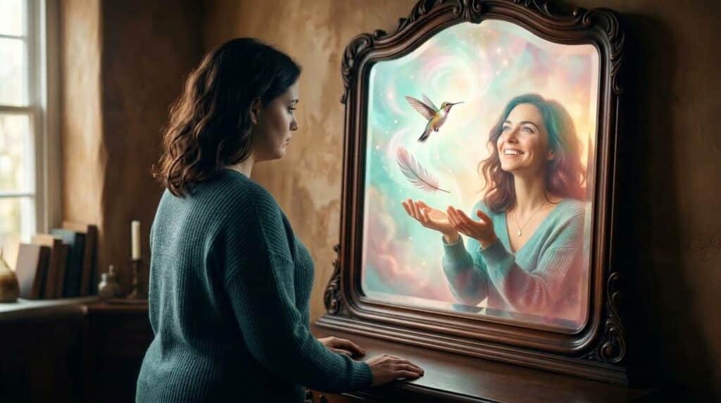 Hypnose et perte de poids : le reflet lumineux et libéré d'une femme dans son miroir.