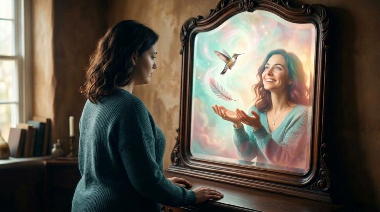 Hypnose et perte de poids : le reflet lumineux et libéré d'une femme dans son miroir.